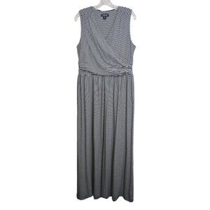 LANDS' END Surplice Front Ruched Maxi Dress M 10-12 Striped Navy Blue White